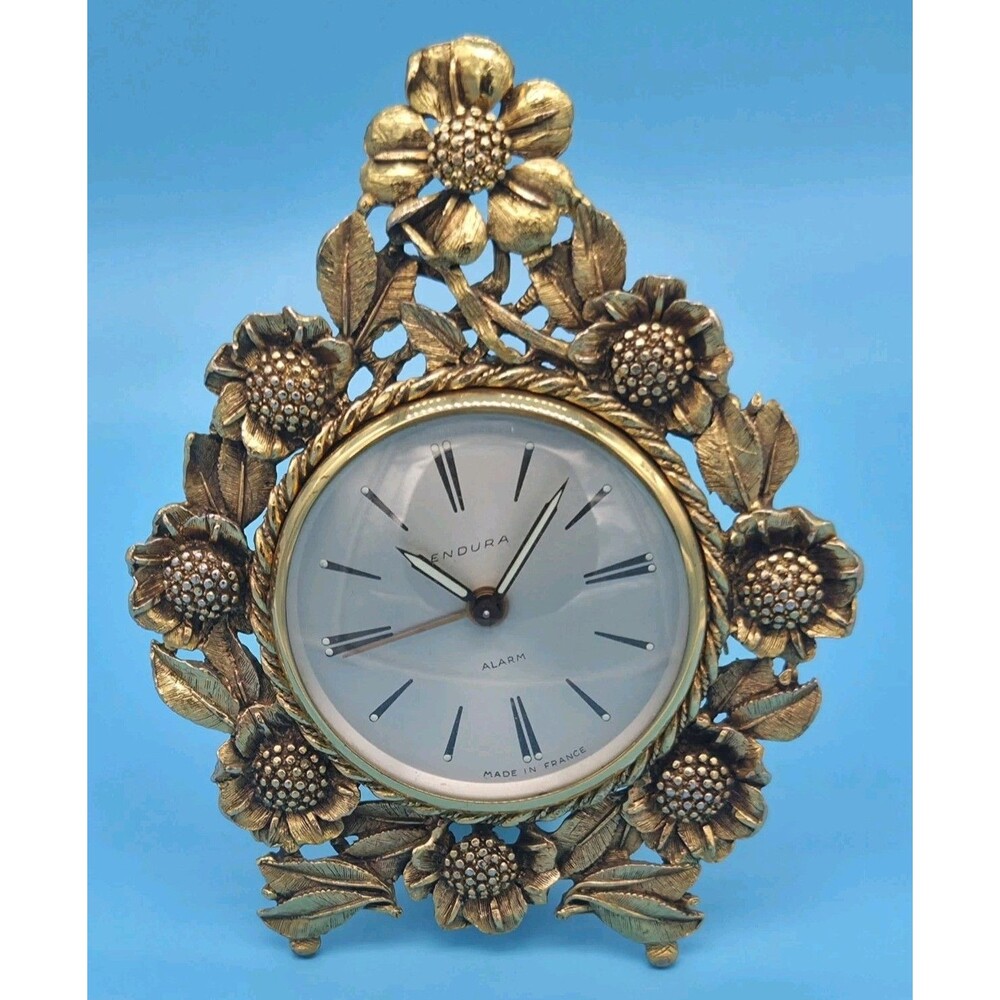 Vintage Endura Desk Clock Gold Tone Floral Frame Made in France​SEE DESCRIPTION